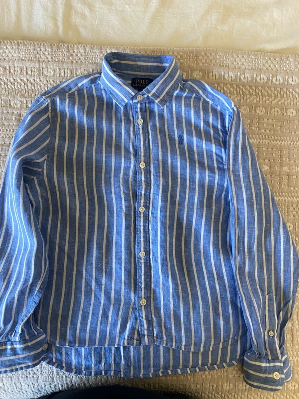 Polo Ralph Lauren Girls  Blue and White Vertical Stripe Linen Button-Down Shirt